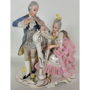 Vintage Dresden Potschappel Porcelain Figurine Lady Man Playing Harp Violin Lace